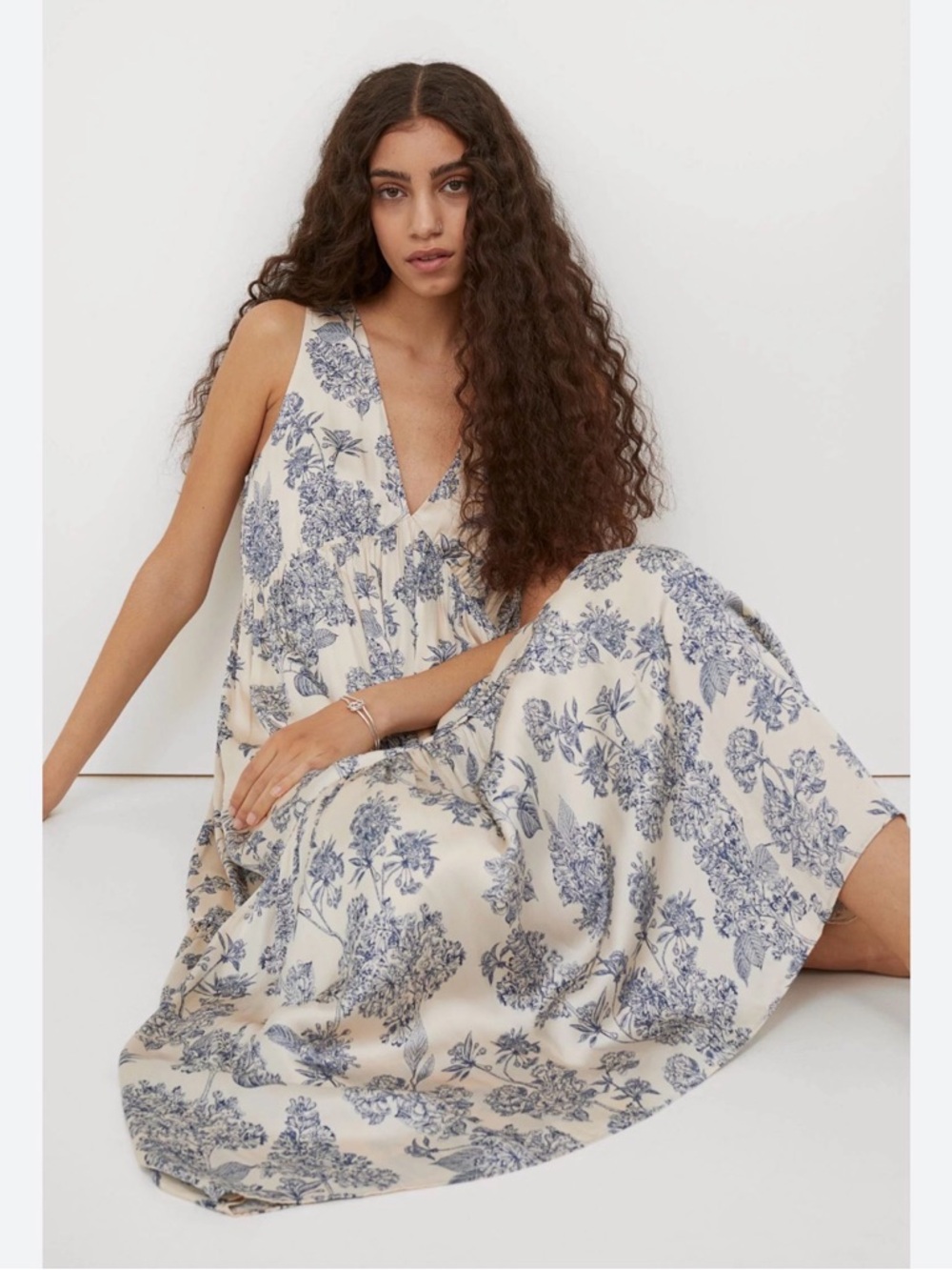 H&M White Maxi Dress with Blue Floral Print Satin